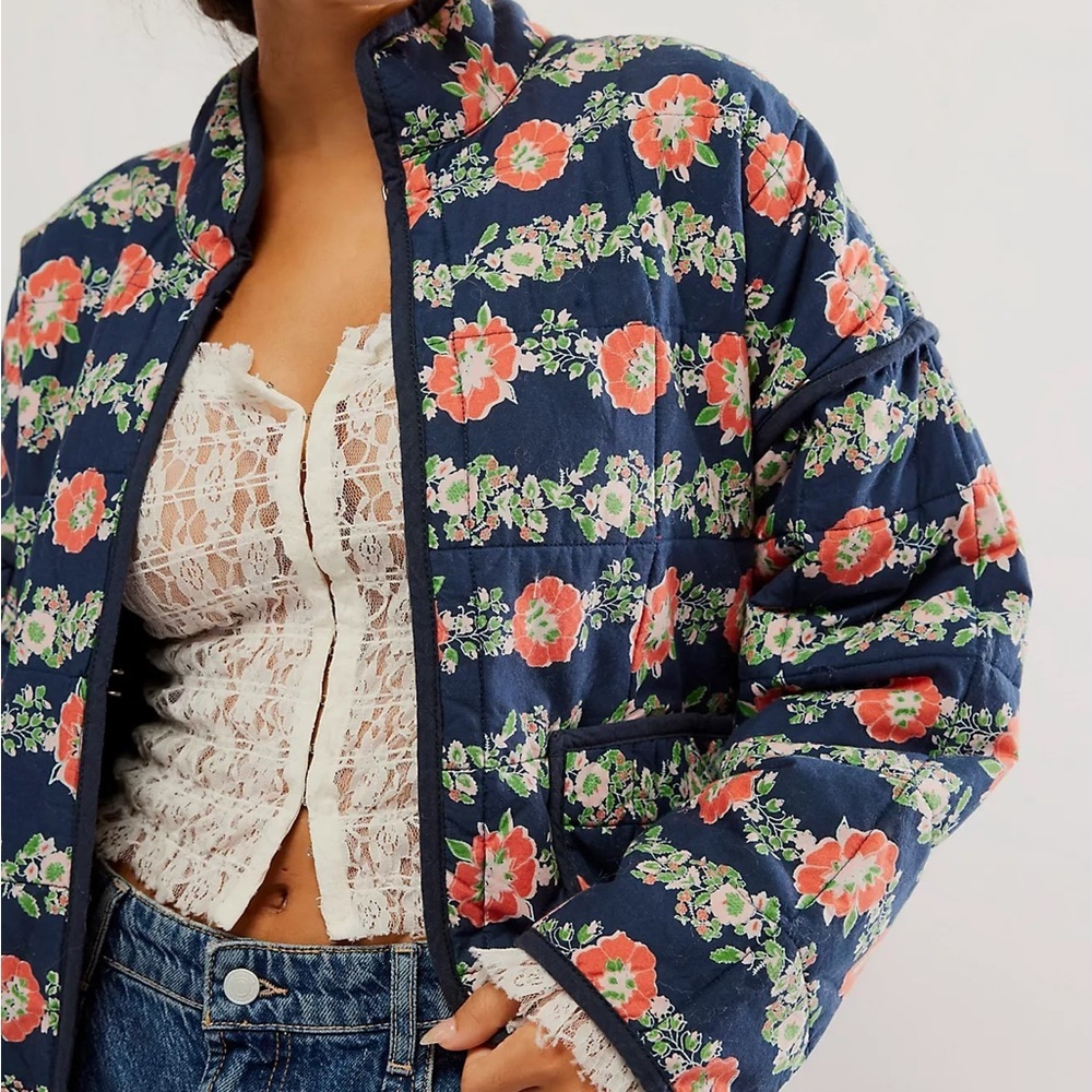 Free People Floral Puffer Jacket - Navy and Coral